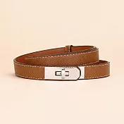 【HandStyle】皮帶 法式經典壓紋金色金屬方扣女士細皮帶(04065) _金扣焦糖色x100cm