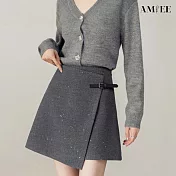 【AMIEE】率性格雷風皮扣毛呢A字半身裙(KDSQ-411) M 灰色