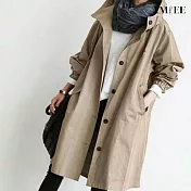 【AMIEE】日系休閒連帽棉質長版風衣(KDCQ-2279) M 卡其