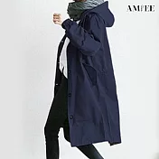 【AMIEE】日系休閒連帽棉質長版風衣(KDCQ-2279) M 藏藍