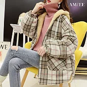 【AMIEE】韓系百搭格紋羊羔絨連帽外套(KDCQ-6306) M 粉紅