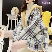 【AMIEE】韓系百搭格紋羊羔絨連帽外套(KDCQ-6306) M 藍色