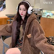 【AMIEE】俏皮小熊耳羊羔絨連帽外套(KDCQ-922) M 咖啡色