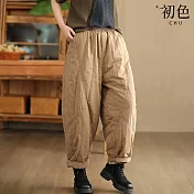 【初色】簡約休閒寬鬆保暖復古工裝格紋內裡拼接縫線鬆緊腰哈倫褲闊腿褲寬褲長褲-共3色-16736(M-2XL可選) M 卡其色