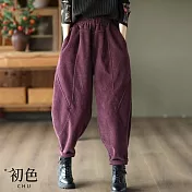 【初色】純色燈芯絨鬆緊腰寬鬆加絨加厚哈倫褲蘿蔔褲休閒褲寬褲長褲-共4色-39443(M-4XL可選) M 紫色