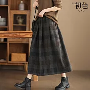【初色】文藝復古風色織格紋寬鬆保暖A字中長半身裙長裙-共2色-16717(L/XL可選) L 藍色