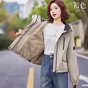 【初色】通勤風短款寬鬆加厚加絨保暖純色連帽長袖派克棉服外套女外套-共3色-17147(M-3XL可選) M 豆綠色