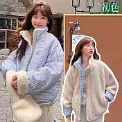 【初色】韓系條紋長袖加厚兩面穿拉鍊立領寬鬆外套女外套-共2色-17079(M/L可選) M 藍色