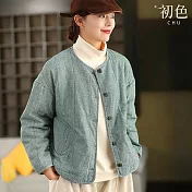 【初色】文藝復古風純色圓領長袖單排釦保暖厚款休閒外套女外套-共3色-17129(M-2XL可選) M 灰藍色