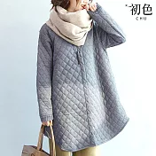 【初色】菱格紋新中式復古圓領拉鍊長袖夾棉保暖寬鬆中長款大衣外套女外套-共2色-17131(M-2XL可選) M 灰色