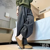 【初色】復古休閒寬鬆加絨高腰鬆緊腰闊腿直筒褲寬褲長褲-共2色-17019(M-XL可選) M 黑灰色