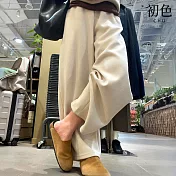 【初色】慵懶純色鬆緊腰寬鬆顯瘦垂感闊腿休閒褲寬褲長褲-米白色-17020(M-XL可選) M 米白色