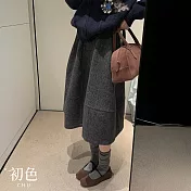 【初色】韓系復古壓褶毛呢A字顯瘦鬆緊腰半身裙中長裙-共2色-17021(M-XL可選) M 深灰色