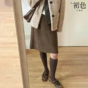 【初色】日系復古休閒寬鬆顯瘦針織鬆緊高腰A字裙中長裙半身裙-共4色-17023(F可選) F 咖色