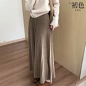 【初色】韓版百褶寬鬆鬆緊高腰顯瘦加厚半身裙傘裙長裙-共4色-17030(M-XL可選) M 卡其色