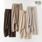 【初色】素雅純色鬆緊腰中線設計繫帶舒適休閒褲寬褲長褲-共6色-17034(M-2XL可選) M 米白色