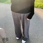 【初色】韓系慵懶捲邊鬆緊腰針織拖地休閒褲顯瘦闊腿寬褲長褲-共2色-17025(F可選) F 灰色