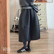 【初色】復古簡約休閒寬鬆修身鬆緊高腰花苞裙中長裙半身裙-深灰色-17027(M-XL可選) M 深灰色