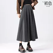 【初色】純色仿羊毛毛呢鬆緊腰高腰A字百褶長裙傘裙中長裙半身裙-共3色-17182(M-XL可選) M 深灰色