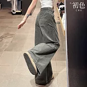 【初色】復古工裝休閒寬鬆拉鍊扣直筒牛仔拖地褲寬褲長褲-共1色2款-17195(M-XL可選) M 軍綠色小個子款