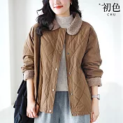 【初色】復古仿羊羔毛羊絨拼接翻領排扣長袖菱格紋夾棉加厚保暖大衣夾克外套女外套-共3色-17324(M-XL可選) M 駝色