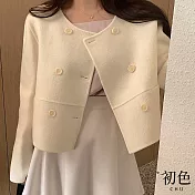 【初色】法式純色優雅長袖雙排釦圓領短款毛呢外套女外套-共2色-17334(F可選) F 米白色