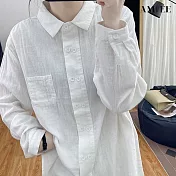 【AMIEE】復古百搭雙排扣棉麻襯衫上衣(KDTQ-339) M 米色