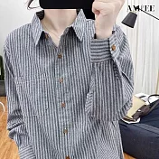 【AMIEE】韓版條紋顯瘦直紋棉麻襯衫上衣(KDTQ-111) M 灰色條紋