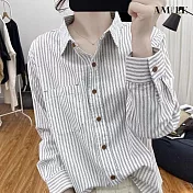 【AMIEE】韓版條紋顯瘦直紋棉麻襯衫上衣(KDTQ-111) M 米白條紋