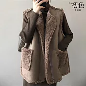 【初色】韓版純色寬鬆兩面穿仿鹿皮絨羊羔絨口袋無袖背心馬甲女背心-共2色-17303(M-XL可選) M 咖啡色