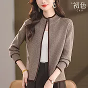 【初色】休閒風簡約寬鬆顯瘦拼接撞色雙頭拉鍊立領長袖針織外套女外套-共3色-17220(F可選) F 駝色