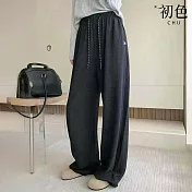 【初色】純色抽繩鬆緊腰寬鬆休閒褲寬褲闊腿褲運動褲-共2款2色-17228(M-XL可選) M 黑灰色九分