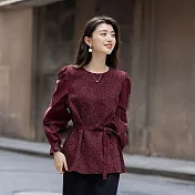 【MsMore】 優雅圓領泡泡長袖修身上衣# 127119 M 紅色