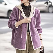 【初色】撞色仿羊羔絨加絨加厚保暖禦寒抽繩單排扣雙口袋連帽拼接外套女外套-共2色-17454(M-4XL可選) M 淺紫色