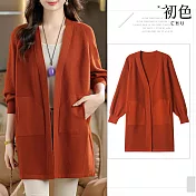【初色】純色V領長袖雙口袋中長款顯瘦開衫針織外套女外套-共4色-17484(F可選) F 焦糖色