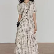 【ACheter】 V領波點短袖連身裙顯瘦氣質寬鬆洋裝# 127128 M 杏色