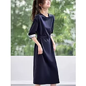 【MsMore】 圓領袖口拼接條紋收腰繫帶OL風長款連身裙洋裝# 127130 M 藏青色