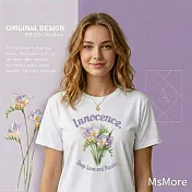 【MsMore】 《自訂款》紫幻蒼蘭插畫圓領T恤# 127146 S 白色