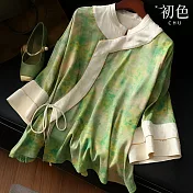 【初色】新中式立領印花真絲斜襟綁帶寬鬆圓領刺繡外套女外套-綠色-18491(M-4XL可選) M 綠色