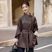 【初色】韓系休閒風純色拼接撞色綁帶修身翻領皮衣外套女外套-共2色-18644(M-XL可選) M 棕色