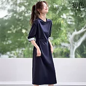 【初色】簡約拼接長袖圓領A字裙中長裙連衣裙連身洋裝-藏青色-18530(M-2XL可選) M 藏青色