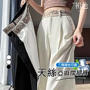 【初色】拼接冰絲刺繡高腰口袋修身直筒褲休閒褲寬褲長褲-共3色-18556(M-2XL可選) M 白色