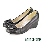 【GREEN PHOENIX】女 楔型鞋 蝴蝶結 全真皮 足弓氣墊 臺灣製 JP22 黑色