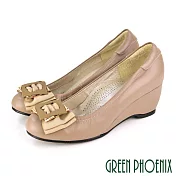【GREEN PHOENIX】女 楔型鞋 蝴蝶結 全真皮 足弓氣墊 臺灣製 JP22 卡其色