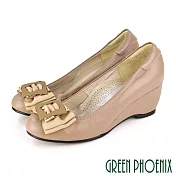 【GREEN PHOENIX】女 楔型鞋 蝴蝶結 全真皮 足弓氣墊 台灣製 JP23 卡其色