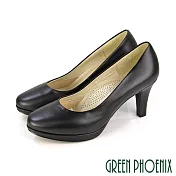 【GREEN PHOENIX】女 高跟鞋 全真皮 圓頭 OL通勤 上班 面試 台灣製 JP22.5 黑色