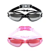 電鍍平光連體耳塞式防水泳鏡/2入(YY-6615)電鍍粉x2