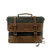 【Zoe s】雅痞商務蠟染帆布X瘋馬皮郵手提斜背兩用公事包(軍綠)