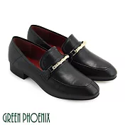 【GREEN PHOENIX】女 休閒鞋 福樂鞋 國際精品 金屬 皮革壓紋 義大利胎牛皮 平底 EU36.5 黑色