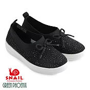 【SNAIL蝸牛】女 休閒鞋 蝴蝶結 水鑽 襪套式 輕量 平底 EU35 黑色